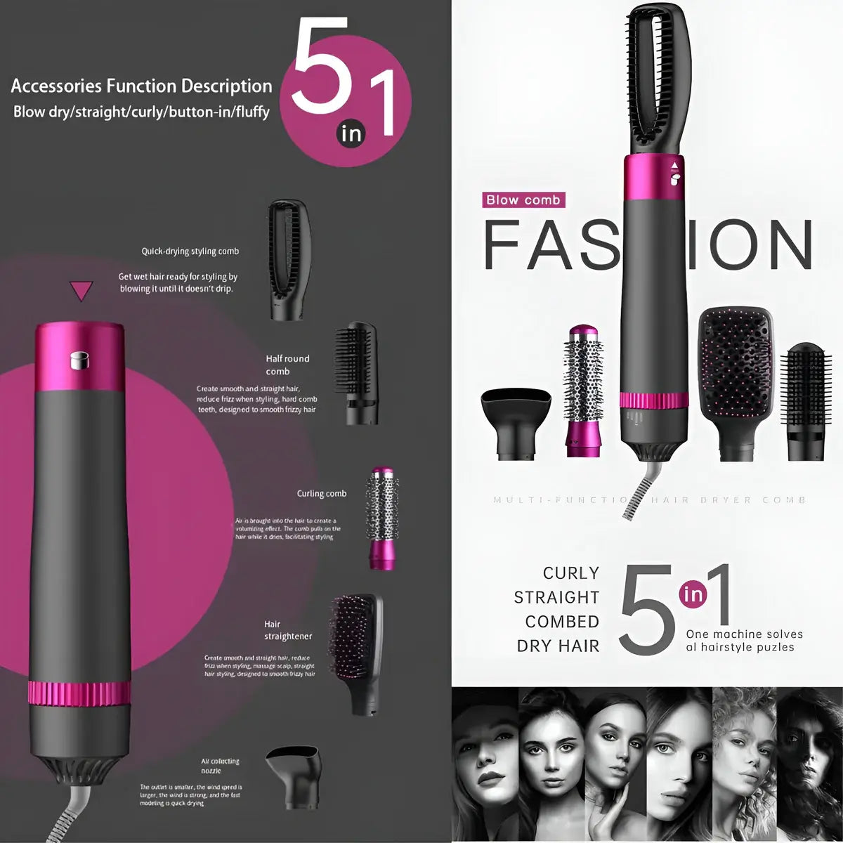 5-in-1 Hair Dryer Brush Hot Air Brush & Volumizer Styler Set Achieve Salon-Quality Hair at Home!