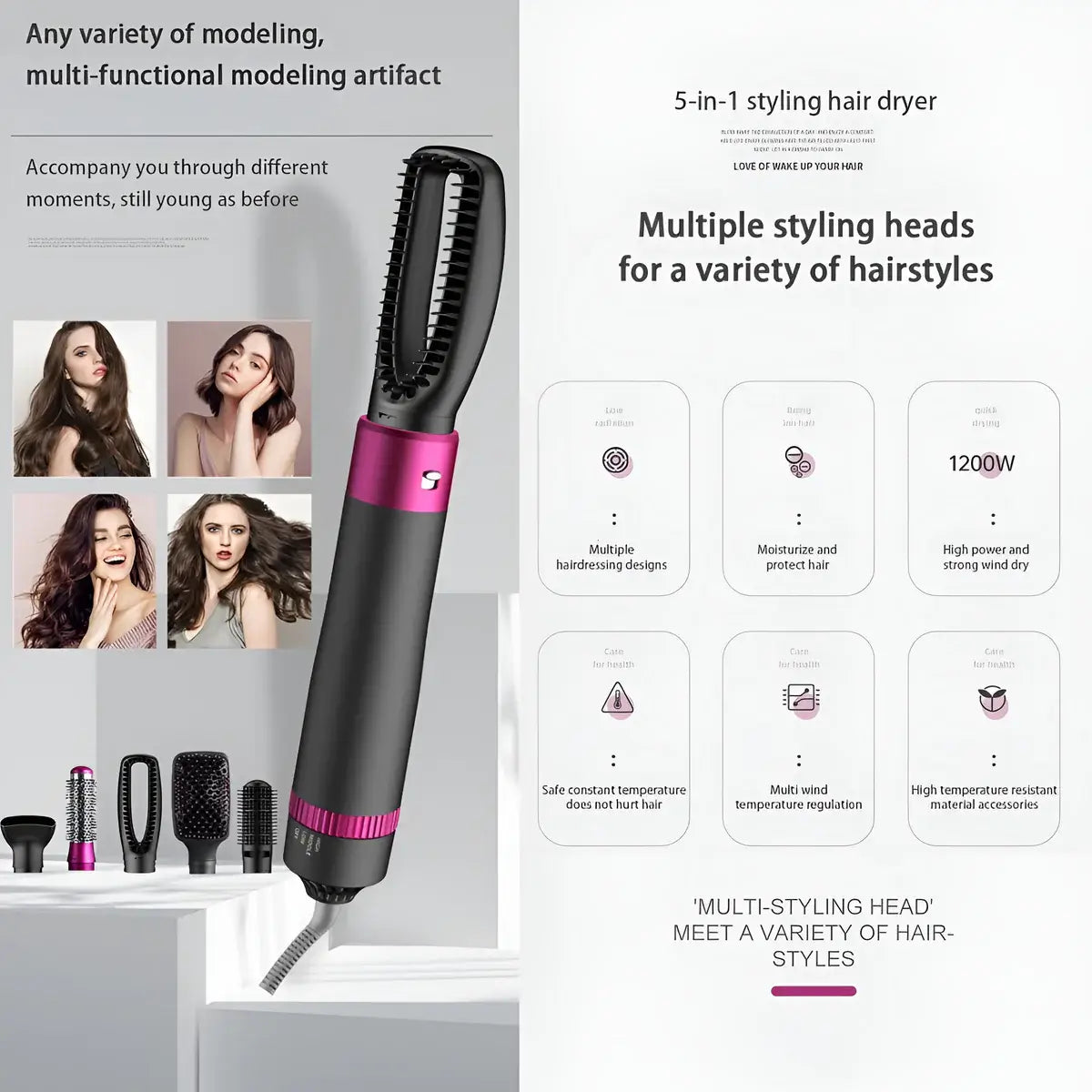 5-in-1 Hair Dryer Brush Hot Air Brush & Volumizer Styler Set Achieve Salon-Quality Hair at Home!